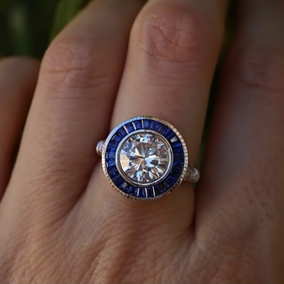 Handmade Art Deco Inspired Diamond and Sapphire Engagement Ring. - Picture 4 of 11